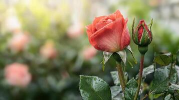 Close-Up Of Blooming Red Rose With Dewdrops In Garden. Symbol Of Love And Beauty In Nature photo