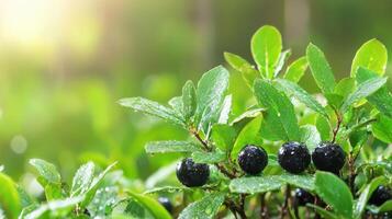 de cerca de Fresco negro bayas en verde hojas con Mañana Rocío. de la naturaleza generosidad en un sereno jardín ajuste foto