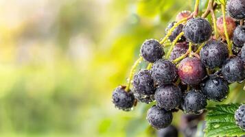 Bunch Of Ripe Black Currants With Water Droplets On A Branch. Fresh And Juicy Summer Fruit In A Garden Setting photo