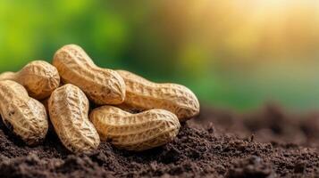 Peanuts In Shell On Soil With Blurred Green Background. Symbol Of Agriculture And Harvesting photo