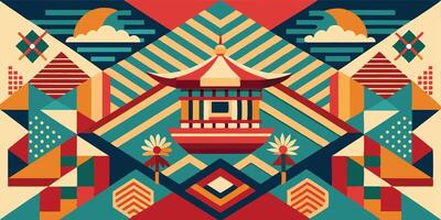 A colorful poster with a pagoda in the center vector