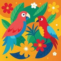 Two colorful parrots are sitting on a yellow background vector