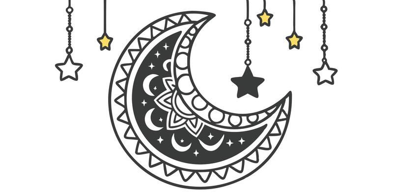 A crescent with stars hanging from it