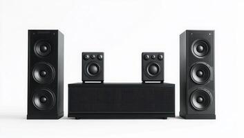 Black home theater system with speakers and subwoofer isolated on a white background. photo