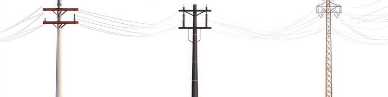 A set of three different types of power lines and electric poles isolated on a white background. photo