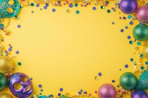 Mardi Gras beads and masks on a yellow background photo