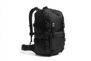 Black outdoor backpack with a front pocket and rear strap, product photography, white background photo