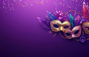 Mardi Gras background with beads, masks, and party elements on a purple background photo