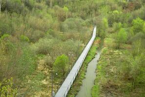 footbridge of themed environmental trail in a marshy river valley in early spring. View from above. photo