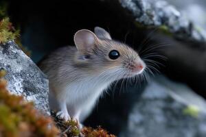 Little mouse on a rock in the forest. Close-up. photo