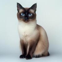 Siamese cat with blue eyes sitting on grey background. Looking at camera photo