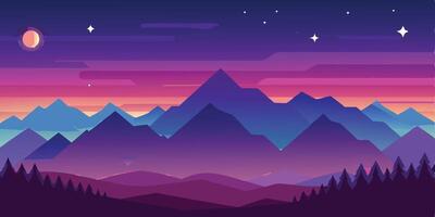 A colorful night sky with mountains and trees vector