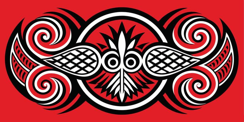 A red and black tribal design with a bird in the center
