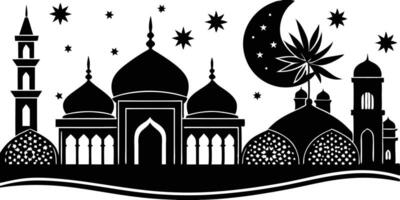 A mosque and a crescent moon in black and white vector
