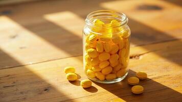 A jar filled with yellow pills on a wooden table photo