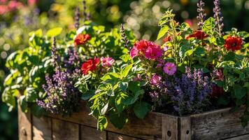A wooden planter with colorful flowers in it photo