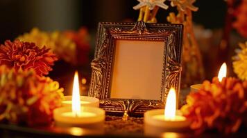 A picture frame with candles and flowers photo