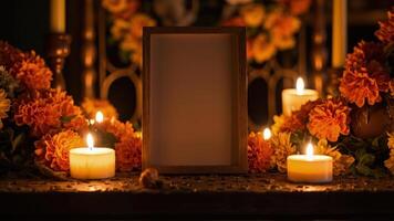A frame with candles and flowers in front of a wooden altar photo
