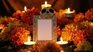 Day of the dead photo frame with candles and flowers