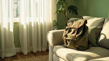 A backpack sitting on a couch in front of a window photo