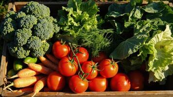 A wooden box filled with vegetables and herbs photo