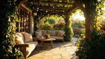 A covered patio with a couch and table photo