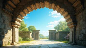 An archway leads to a stone path photo