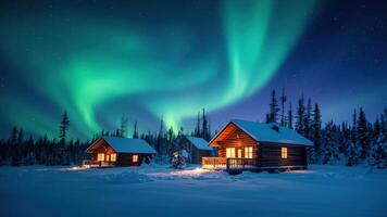 Two wooden cabins in the snow with the aurora borealis photo