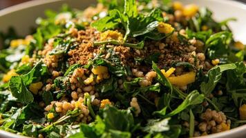 A bowl of greens with a topping of sesame seeds photo