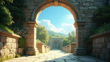 An archway leads to a stone path in a forest photo