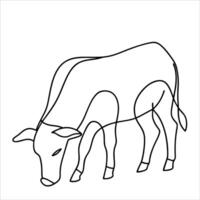 Cow peacefully grazing in an open pasture drawn in elegant continuous line art style minimalist black and white farm animal sketch for rustic decor or design vector