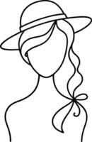 Woman portrayed in a graceful summer hat using continuous line art style suitable for fashion illustrations editorial design home decor and digital artwork vector