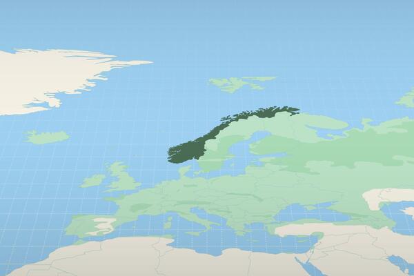 Norway highlighted on a detailed map, geographic location of Norway.