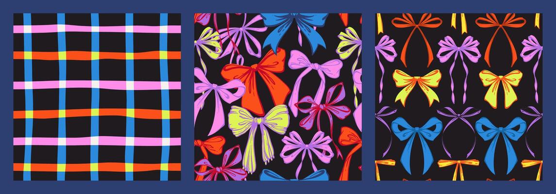 Playful Colorful Ribbon Bows and checkered Seamless Pattern Set. Vibrant Hand-Drawn Doodle Bows in Bold Colors on a Black Backgrounds. Fun Kids Designs Perfect for Party Invitations, Wrapping Paper