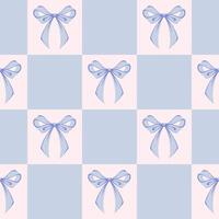 Blue Checkered Seamless Pattern with Ribbon Bows. Coquette, Vintage and Romantic design. Playful background for feminine projects, vintage wrapping paper, textiles, and Valentines Day vector