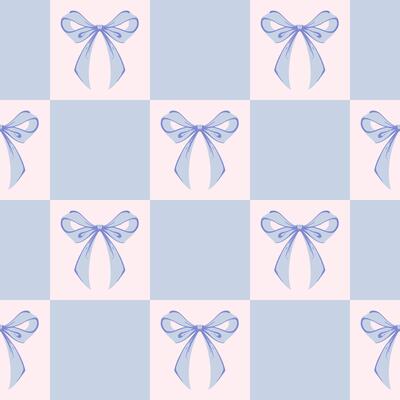 Blue Checkered Seamless Pattern with Ribbon Bows. Coquette, Vintage and Romantic design. Playful background for feminine projects, vintage wrapping paper, textiles, and Valentines Day