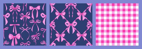Ribbon Bow Coquette Seamless Pattern Set. Purple Hand-Drawn Feminine Lattice Checkered Pattern Backgrounds with garland of bows. Romantic Design. Perfect for Lovely, Whimsical Valentines Day Backdrop vector