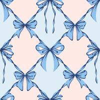 Pink Ribbon Bow Lattice Seamless Pattern. Coquette, Vintage and Romantic checkered pattern on blue with bows. Rococo background for feminine projects, vintage wrapping paper, textiles, vector