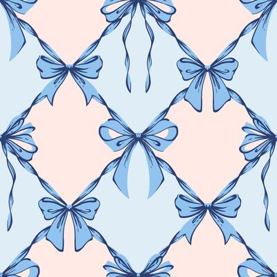 Pink Ribbon Bow Lattice Seamless Pattern. Coquette, Vintage and Romantic checkered pattern on blue with bows. Rococo background for feminine projects, vintage wrapping paper, textiles,