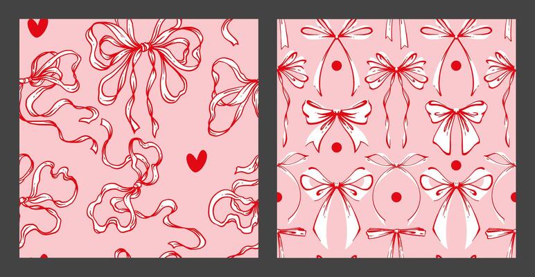 Ribbon Bow Coquette Seamless Pattern Set. Hand-Drawn Soft and Feminine Pink Backgrounds with Hearts. Romantic Design. Perfect for a Lovely and Whimsical Valentines Day Backdrop