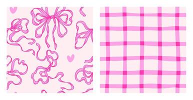 Romantic Coquette Seamless Pattern Set. Charming backgrounds with delicate ribbon bows and pink checkered designs. Perfect for feminine projects, fabric prints, and Valentines Day aesthetics. vector
