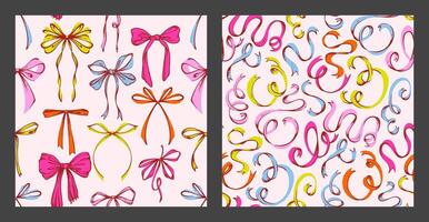 Playful Colorful Ribbon Bows Seamless Pattern Set. Vibrant Hand-Drawn Doodle Bows and Curls in Bold Colors. Fun Kids Design Perfect for Invitations, Wrapping Paper, Cheerful Creative Projects. vector