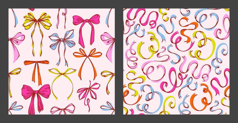 Playful Colorful Ribbon Bows Seamless Pattern Set. Vibrant Hand-Drawn Doodle Bows and Curls in Bold Colors. Fun Kids Design Perfect for Invitations, Wrapping Paper, Cheerful Creative Projects.