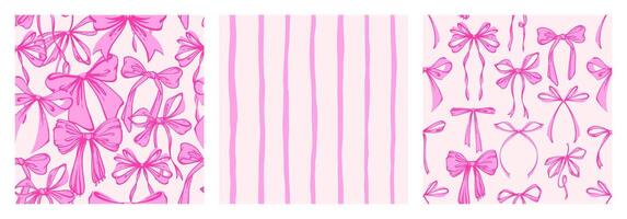 Pink Ribbon Bow and Stripes Seamless Pattern Set. Hand-Drawn Rococo Soft and Feminine Pink Backgrounds. Romantic, Coquette Designs. Perfect for Fabric, Stationery, Wrapping, and Digital Projects. vector