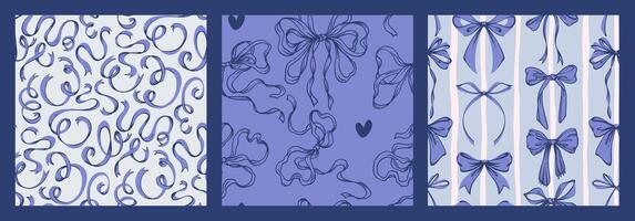 Blue Ribbon Bow Seamless Pattern Set. Hand-Drawn Rococo Soft and Feminine Backgrounds. Romantic, Coquette Design. Perfect for Fabric, Stationery, Wrapping, and Digital Projects. vector