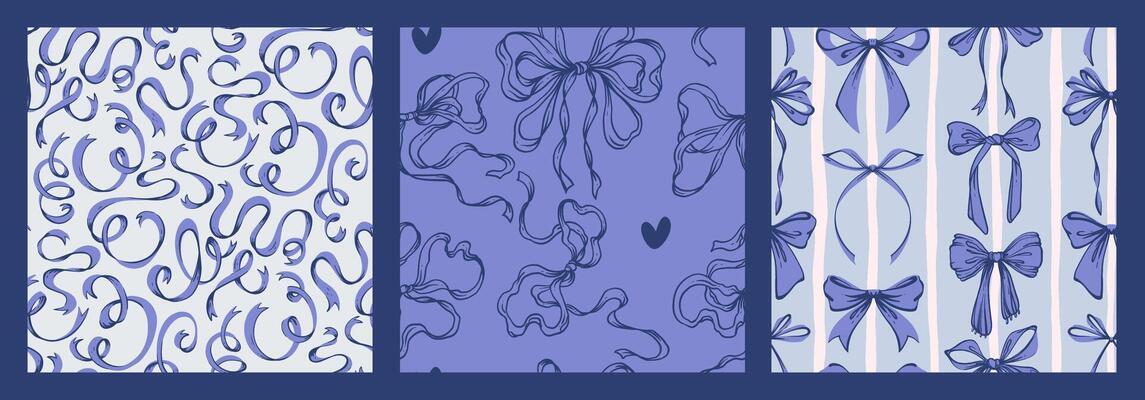 Blue Ribbon Bow Seamless Pattern Set. Hand-Drawn Rococo Soft and Feminine Backgrounds. Romantic, Coquette Design. Perfect for Fabric, Stationery, Wrapping, and Digital Projects.