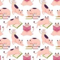 Cat character back to school seamless pattern in flat style. Happy cute cats character in glasses with book. Cartoon art style design of scientist animal cat for web, greeting card, banner. vector