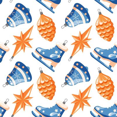 Christmas and Happy New Year seamless pattern in cartoon style. Christmas toys decoration in a shape of star, bell, ice skate and pine cone. Retro, vintage. illustration isolated on a white