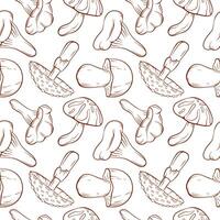 Seamless pattern of line art style mushroom fly agaric, Boletus, Chanterelle, Niscalo, Shiitake on a white background. Ideal for food packaging, textile, print and organic design. vector