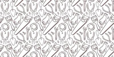 Seamless pattern of line art style construction and repair tools including pliers, wrenches, gloves, saws. Ideal for background, packaging and DIY themed design. vector
